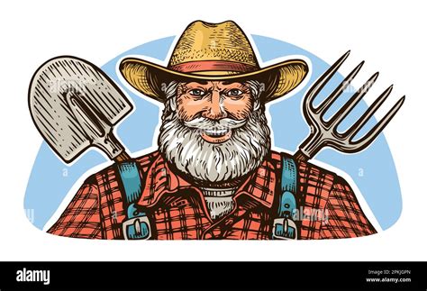 Happy Elderly Bearded Farmer In Hat With Pitchfork And Shovel Farm