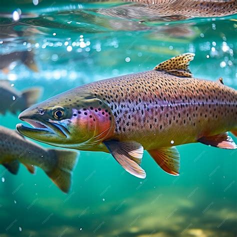Premium Photo | A rainbow trout swims under a water surface.