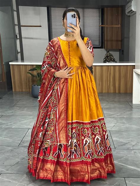 Buy Mustard Yellow Patola Printed Dola Silk Haldi Wear Gown From Ethnic Plus