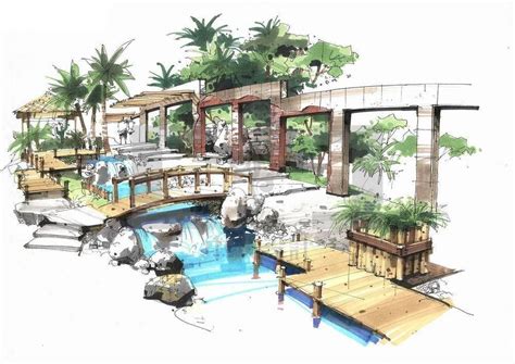 Artistic Rendering of House with Pool and Waterfall