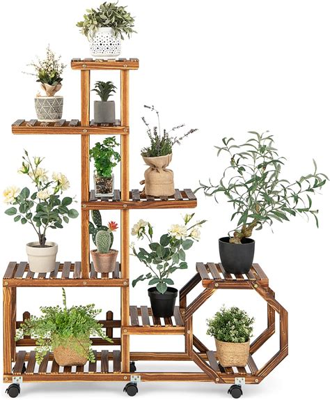 Amazon Giantex Rolling Wooden Plant Stand 8 Tier Plant Shelf For