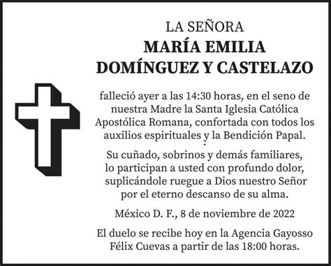 Señora María Emilia Domínguez Y Castelazo Obituario Esquela