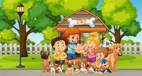 Park scene with children playing with their animals 4758948 Vector Art at Vecteezy