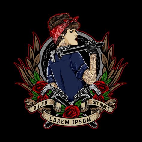 Premium Vector | Rockabilly girl or pin up girl hold th wrench and wearing red bandana logo