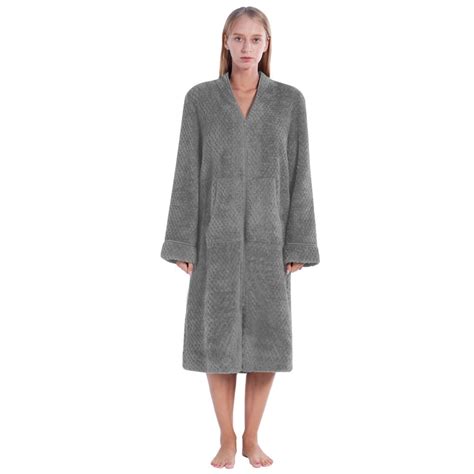 Womens Fleece Robe Zipper Front Bathrobe With Pockets Warm Soft