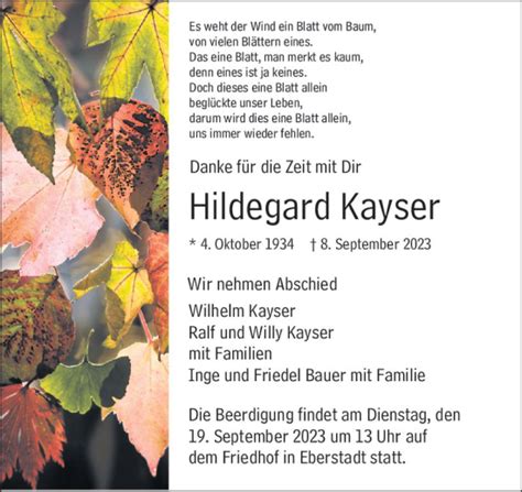 Traueranzeigen Von Hildegard Kayser Vrm Trauer De