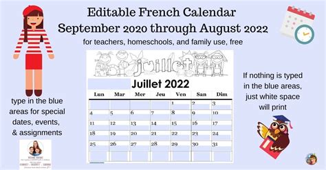 Editable French Calendar Sept. 2020 -Aug. 2022 | Castle View Academy