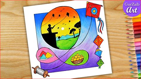 How To Draw Makar Sankranti Drawing Tutorial Kite Flying Indian