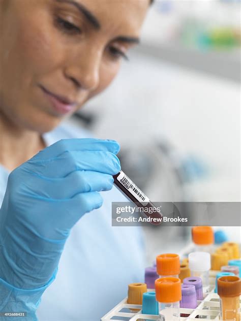 female scientist viewing  human samples  testing