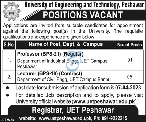 Uet Peshawar Professor Lecturer Jobs Job Advertisement Pakistan