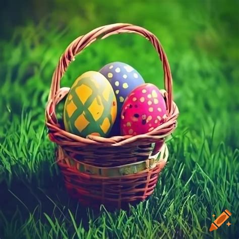 Basket Of Painted Easter Eggs On Grass