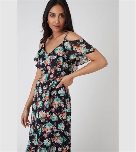 Buy Wallis Floral Print Cold Shoulder Midi Dress In Black 6thstreet