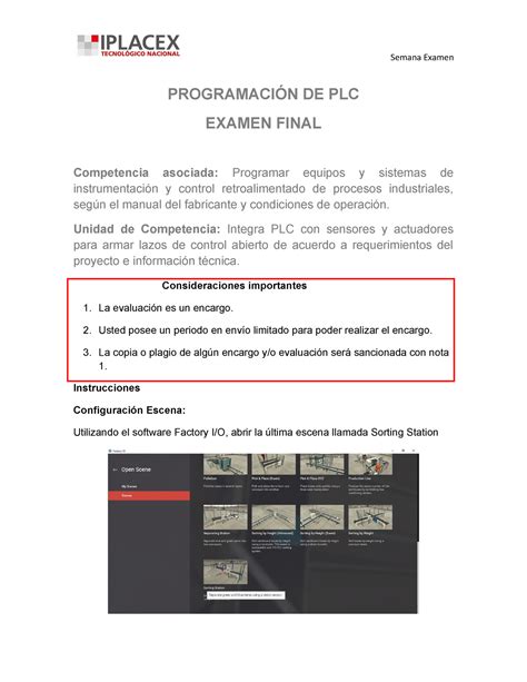 Examen final PLC PROGRAMACIÓN DE PLC EXAMEN FINAL Competencia