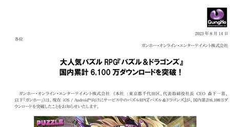 ガンホー・オンライン・エンターテイメント 3765 ：大人気パズルrpg『パズル＆ドラゴンズ』国内累計6100万ダウンロードを突破