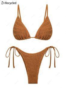 Recycled Fabric Crinkle Textured Triangle Tie Side Tanga Bikini Set In