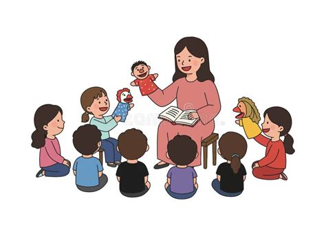 teacher storytelling  hand puppets  children  class stock
