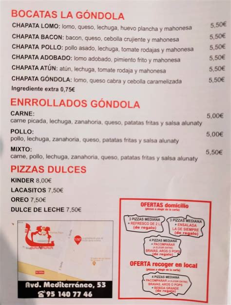 Carta del restaurante La Góndola De Ydai, Rincón del la Victoria