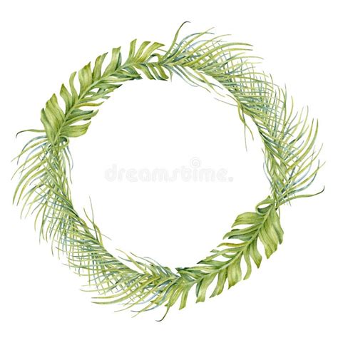 Wreath With Exotic Tropical Green Leaves Composition Hand Drawn Copy