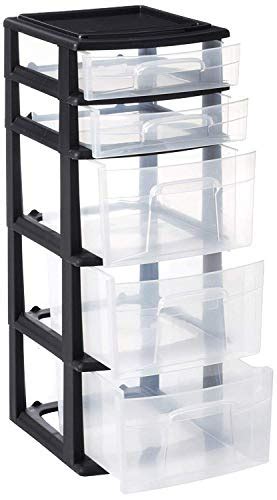 Homz Plastic 5 Drawer Medium Storage Tower Black Frame Clear Drawers