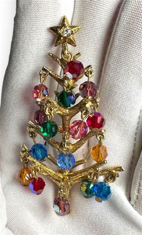 Rare Hollycraft Christmas Tree Brooch Pin Dangle Ball Ab Beads Book