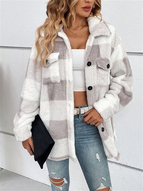 Shein Lune Buffalo Plaid Print Drop Shoulder Flap Pocket Fuzzy Coat