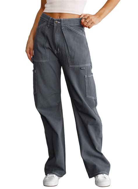 Evaless Women High Waisted Cargo Pants Casual Wide Leg Jean Pants