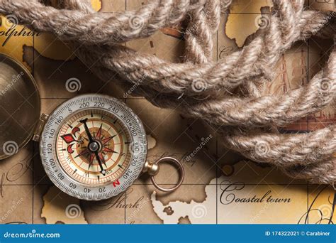 Compass And Rope On Map Stock Image Image Of Rope Sign 174322021