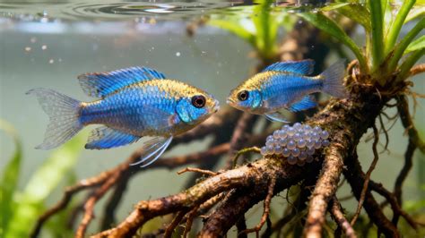 pair  iridescent electric blue ram cichlids guarding  translucent