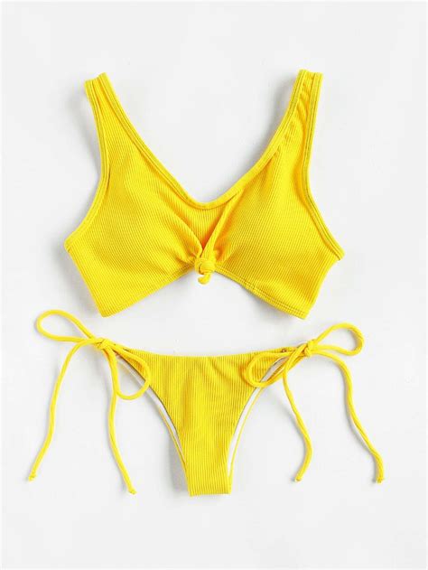 Knot Front Side Tie Ribbed Bikini Set Shein Sheinside