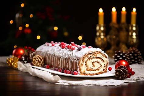 Premium AI Image | Buche de Noel on Table with Christmas Decor