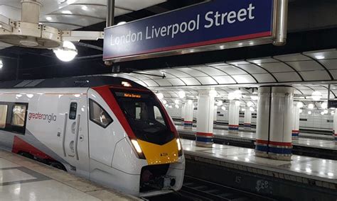 First 12 Carriage Greater Anglia Electric Train Arrives At Liverpool Street