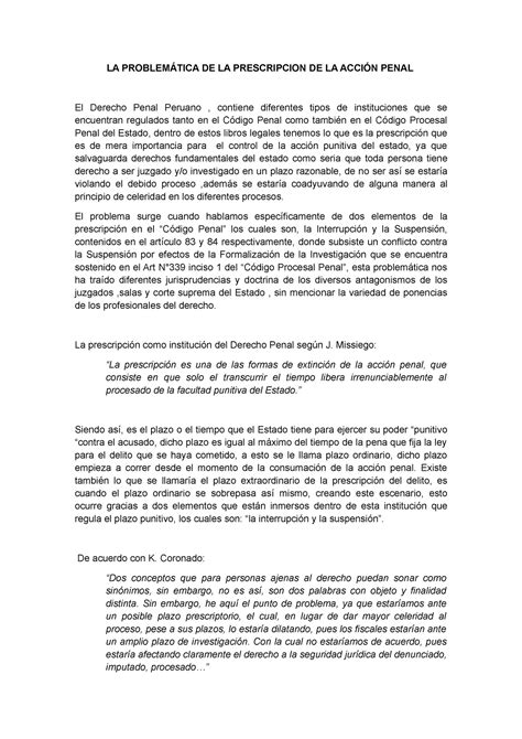 Ensayo Problematica De La Prescripci N De La Acci N Penal La