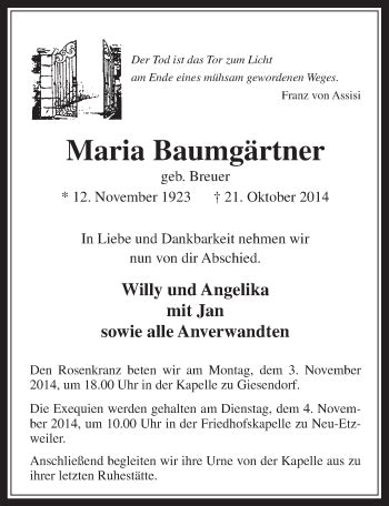 Traueranzeigen Von Maria Baumg Rtner Wirtrauern