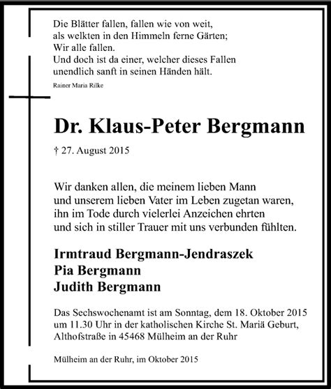 Traueranzeigen Von Klaus Peter Bergmann Trauer In Nrw De