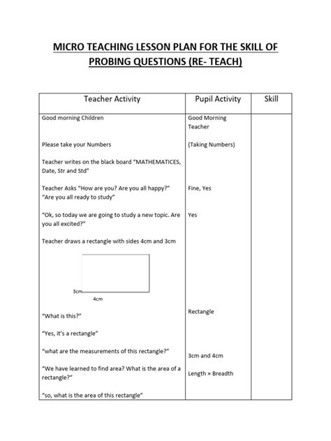 Micro Teaching Lesson Plan For The Skill Of Probing Question Teach Pdf Human Communication