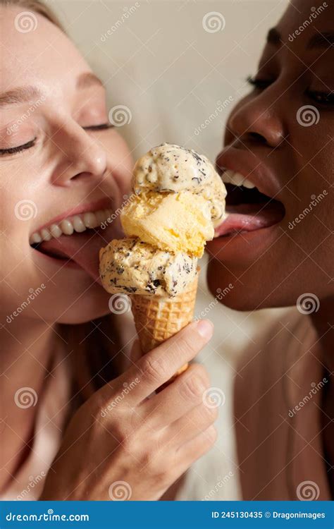 Women Licking Ice Cream Stock Image Image Of Feeling 245130435