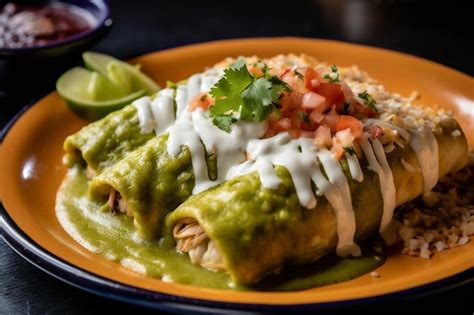 Enchiladas Verdes De Comida Mexicana Con Guacamole Foto Premium