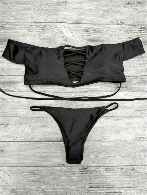 10 OFF 2022 Lace Up Off The Shoulder Bikini Set In BLACK ZAFUL