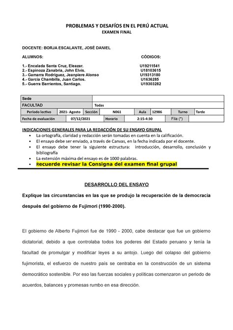 Examen Final Problemas Y Desafios DEL PERÚ PROBLEMAS Y DESAFÍOS EN EL