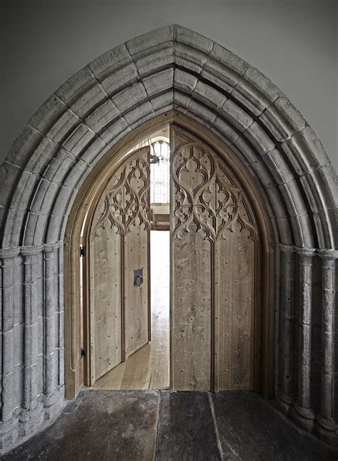 Gothic Oak Doors With Hand Carved Tracery On Both Sides Set Into