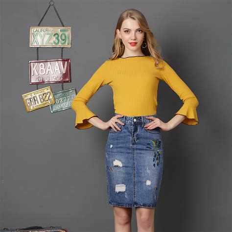 2018 Spring New Flower Embroidery Medium Long Female Denim Skirts Sexy