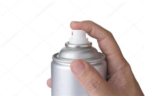 Man Hand Holding And Spraying A Blank Aluminum Spray Paint Can An