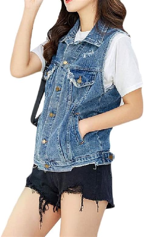 Mfasica Womens Sleeveless Plus Size Fringed Denim Vest With Chest Flap