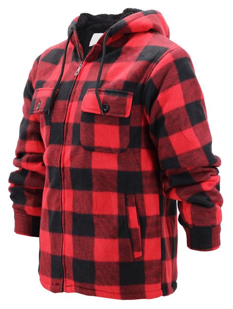 VKWEAR - Men's Heavyweight Flannel Zip Up Fleece Lined Plaid Sherpa Hoodie Jacket (MFJ130 Red, M ...