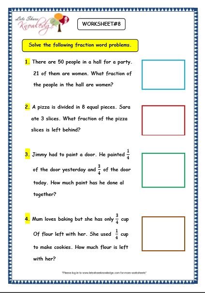 Grade 3 Maths Worksheets 79 Fraction Word Problems Lets Share