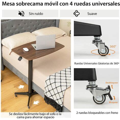 Costway Mesa Auxiliar Ajustable Con Ruedas Mesa De Cama M Dica