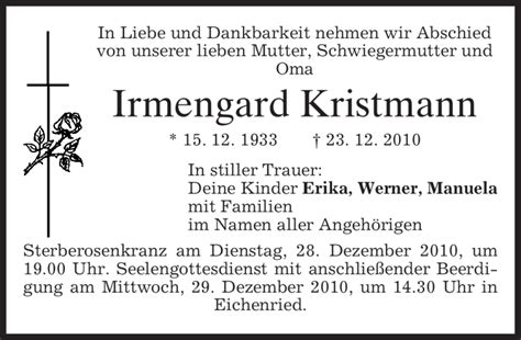 Traueranzeigen Von Irmengard Kristmann Trauer Merkur De