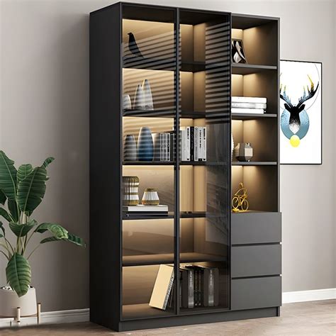 Modern Black Wood Bookcase With Glass Doors Elegant Vertical Storage