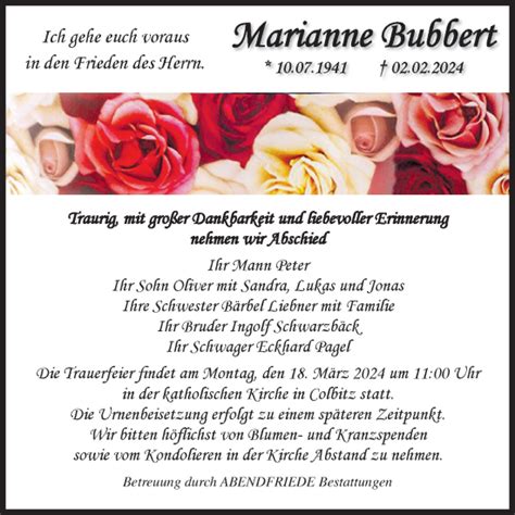 Traueranzeigen Von Marianne Bubbert Abschied Nehmen De