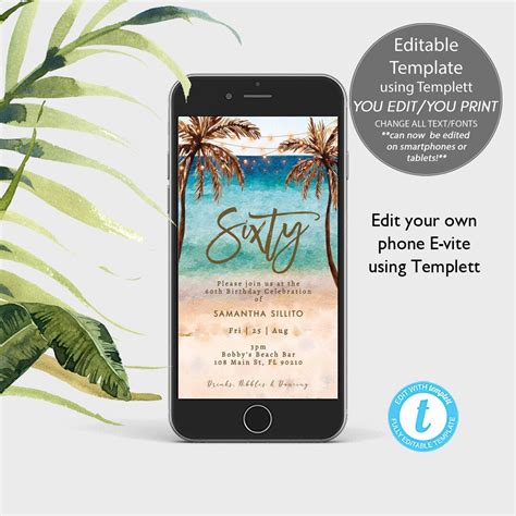 Tropical Beach 60th Birthday Electronic Template Editable Beach